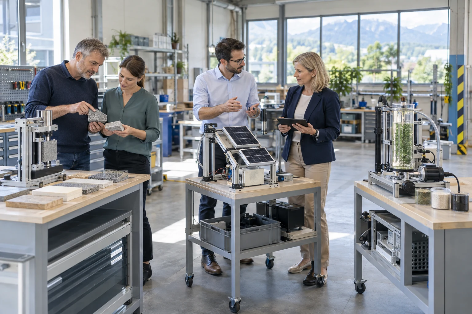 Technisches Team vergleicht drei eigenständige Versuchsaufbauten in einer hellen Pilotwerkstatt